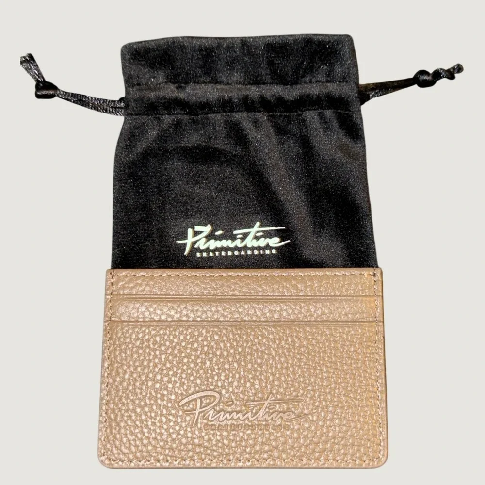 Primitive Skateboarding Tan Pebbled Leather Card Holder Wallet with Dust Bag